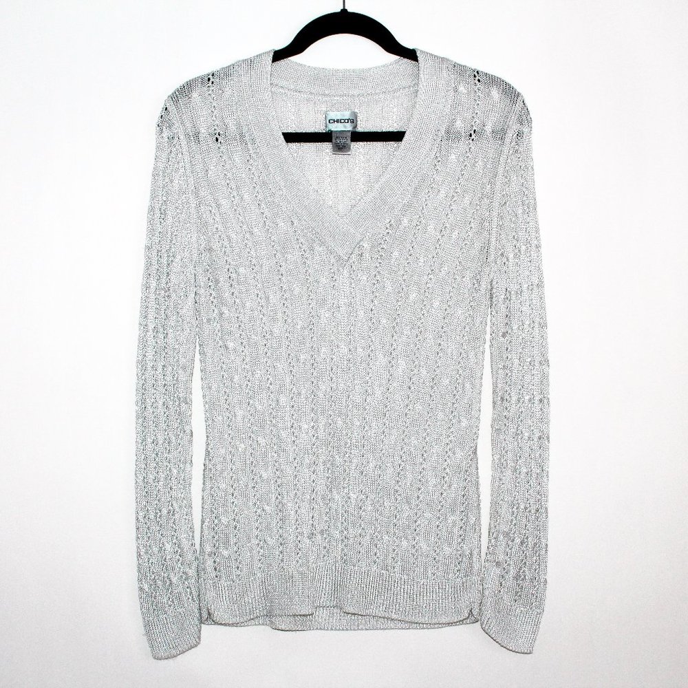 Chico's Silver Metallic Cable Knit V-Neck Sweater